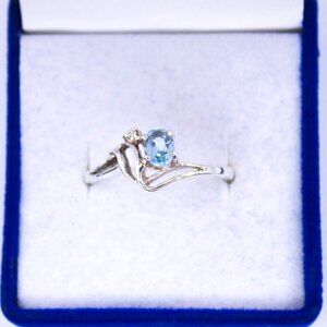 925 Sterling Silver Vintage Minimalist Swiss Blue Topaz & CZ Ring Signed